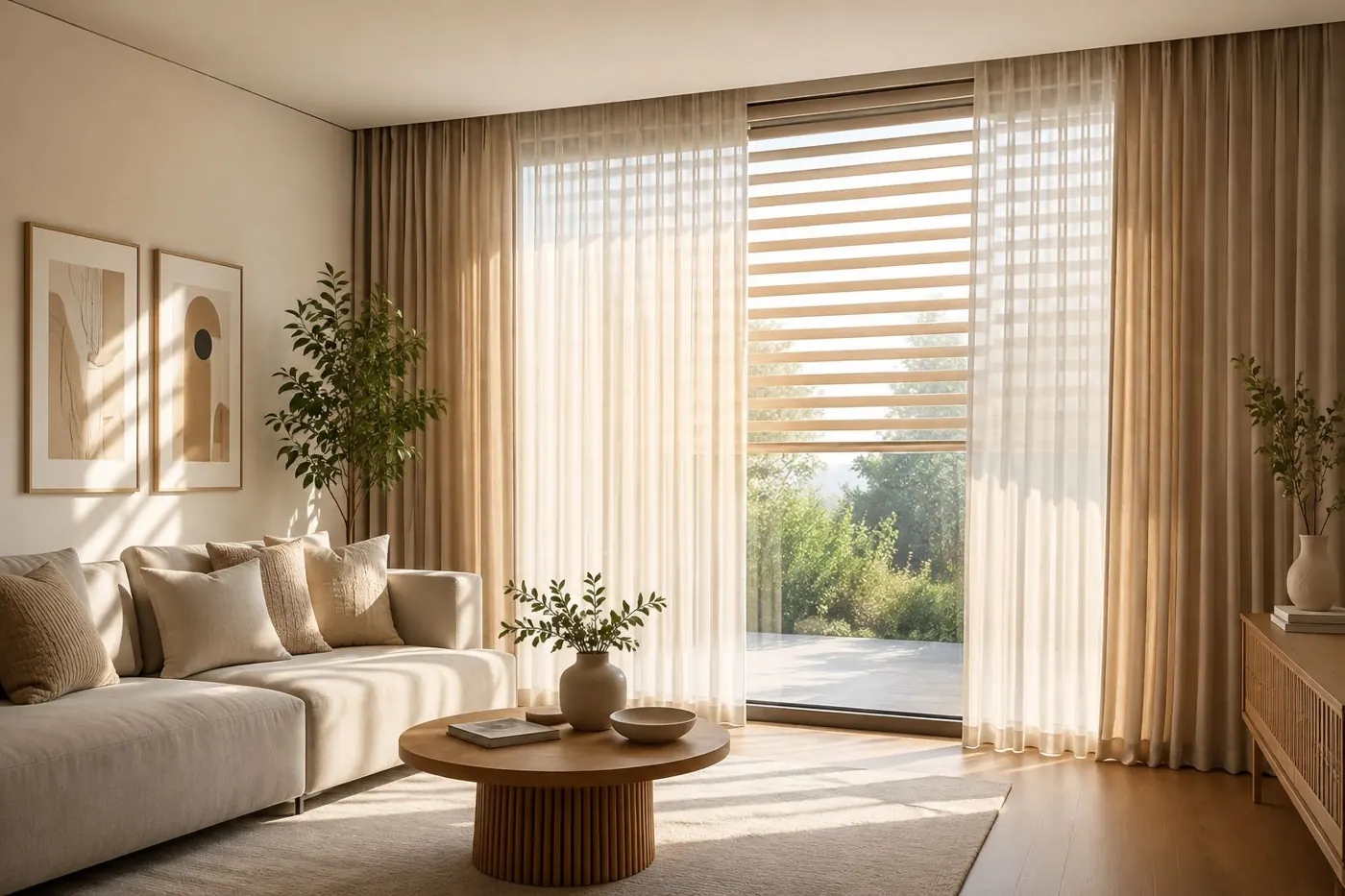 Sala con cortinas sheer y enrollable sobre un ventanal amplio